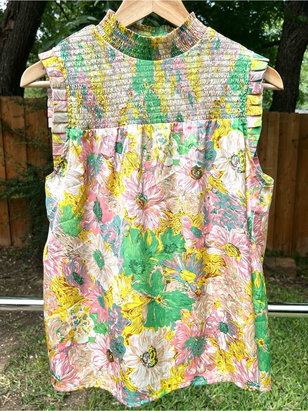 THML Satin Floral Smocked Ruffle Sleeve Top Dopamine Dressing Boho Size S